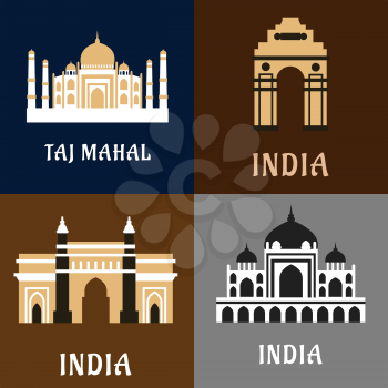 Indian architecture and landmarks flat icons of historical and worship buildings as Taj Mahal, India Gate and Gateway of India memorials, Humayun emperor tomb