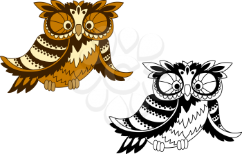 Cartoon brown owl bird with funny fluffy feathers on head and wings, another variant colorless. For Halloween or mascot design