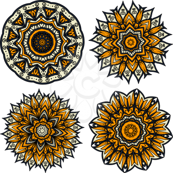 Abstract floral circular patterns of yellow flower buds and leaves with intricate ornaments. For tile, decoration or carpet pattern design