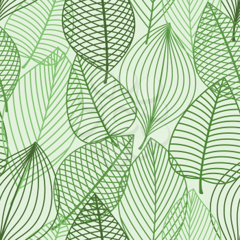 Green foliage seamless pattern with outline fragile leaves in shades of green colors. For retro wallpaper or interior accessories design