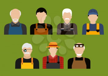 Avatars of farmer, mechanics, jeweler and tailor professions with men in professional uniform. Agriculture, service and transportation industry usage, flat style
