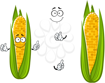 Cartoon cob of juicy sweet corn vegetable character with bright yellow kernels, for healthy vegetarian food theme design