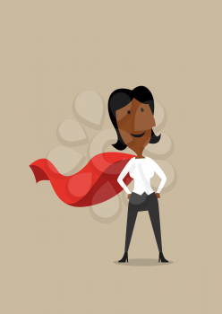 Cartoon confident hero african american businesswoman wearing red cape, ready to business achievement
