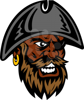 Angry yelling cartoon pirate with lush beard and mustache, eye patch and gold earring in captain hat. Piracy or tattoo design usage