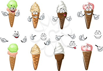 Delicious cartoon ice cream cones with strawberry, vanilla, caramel and pistachios flavored scoops. For dessert menu design
