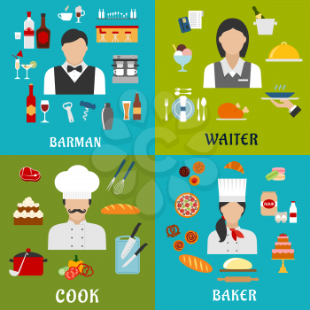 Cook, baker, waitress and barman profession flat icons with men and women, surrounded by food, drinks and kitchen utensil symbols