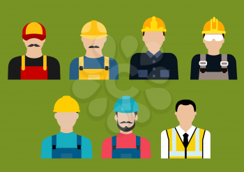 Construction and service industry professions flat icons or avatars with builders, engineer, architect, electrician, plumber, carpenter and mason in uniform