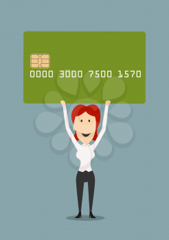 Cheerful cartoon businesswoman holding a large credit card above head. Banking service, credit or finance design