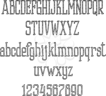 Retro font alphabet and numbers with hatched uppercase and lowercase letters. Sketch style
