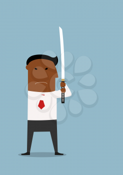 Serious cartoon black businessman standing with sword in defensive position. Meditation or power concept usage
