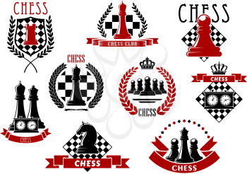 Chess icons with red and black kings, queens, rook, knight, pawns chessman and clocks on chessboard and checkered shield. Adorned by laurel wreaths, ribbon banners and crowns 