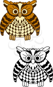 Cute cartoon fluffy owl bird with yellow and brown plumage on folded wings. Fairy tale or Halloween holiday usage design