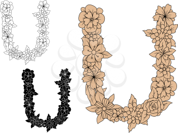 Vintage floral letter U with outline flower shapes. For retro style alphabet and font design