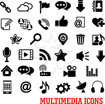 Multimedia and web social media icons with smartphone, email, chat bubbles, search, microphone, music, video, home page, map pointer, favorite stars, like, trash, call, link, download, cloud storage, 