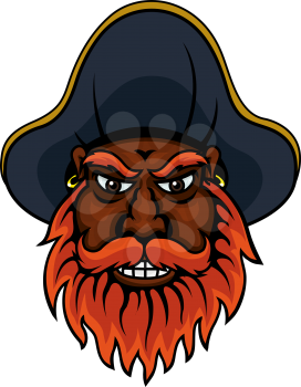 Red bearded cartoon angry pirate captain character with medieval hat and golden rings in ears