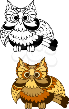 Cartoon brown and yellow striped owl with flapping wings. For mascot or wisdom concept design