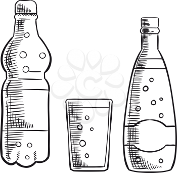 Glass, plastic and glass bottles with blank labels and bubbles. Soda drinks and lemonade isolated on white