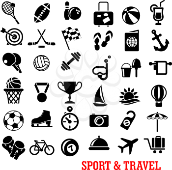 Black sport and travel icons set with ball, airplane, passport, camera, luggage, sun, medal, trophy, flag, stopwatch, target, dumbbell, shoes, skates, diving mask, cocktail, boat, umbrella, beach, anc