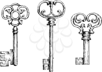 Sketch of isolated medieval door keys or skeletons with ornamental bows, decorated by forged curlicues and twirls.