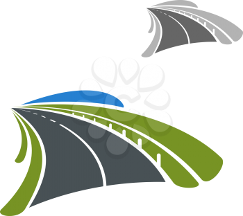 Highway road icon passes among green fields. Transportation or journey concept design