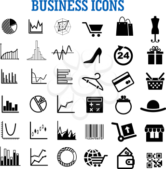 Business, finance, shopping, retail and commerce flat icons with charts, online store, bank credit card, shopping cart, diagram, bags, gift, basket, histograms, calculator, wallet, globe, bar and qr c
