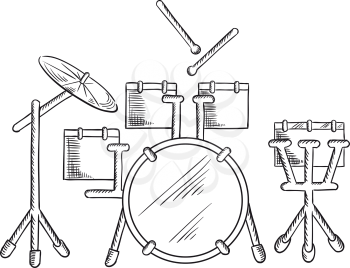Drum set sketch with traditional kit of bass drum, two hanging toms, snare drum, floor tom and ride cymbal. Addition to music, art or entertainment design