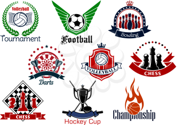 Sport game icons and symbols with trophies and heraldic design elements. Soccer or football, bowling, volleyball, hockey, basketball, chess and darts sport emblems