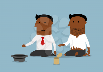 Cartoon bankrupt black businessman is sitting near dirty beggar man and asking for money. Bankruptcy, financial crisis, poverty concept design