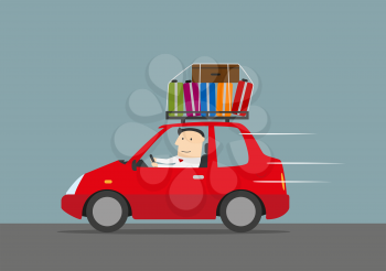 Joyful businessman traveling by car with suitcases on the roof. Use as travel, vacation and car trip design