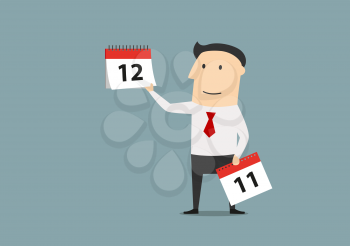 Cartoon businessman showing on the tear off calendar and the last month of the year. Time management or planning concept design