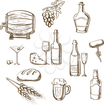 Alcohol drinks and beverages sketch icons with bottles of wine, beer, champagne, brandy, filled wineglasses, wooden barrel, cocktail, glass, olives and some snacks. Party or restaurant design usage