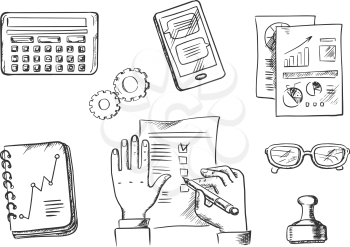 Business and office sketch icons with businessman completing a check list surrounded by analytical charts, calendar, hand stamp, eyeglasses, notebook, calculator and tablet