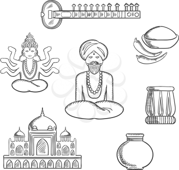 Indian culture and religion sketch icons with sitar, fresh chili pepper and chili powder, tabla drum, vase, ancient temple, God Vishnu, bearded man in turban in lotus pose
