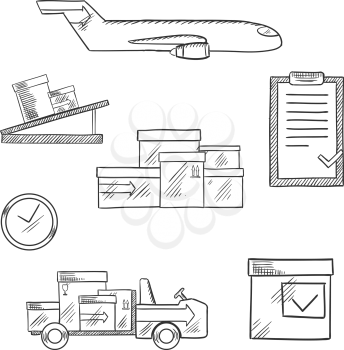 Air cargo and logistics business sketch icons of airplane, conveyor, cardboard boxes with packaging symbols, airport truck, clock and clip board with order list with caption Aviation below
