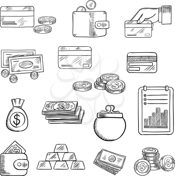 Finance, business and money flat icons of dollar bills and golden coins, stack of gold bars, wallet, money bag, bank credit cards and financial report