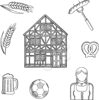 Bavaria travel and tourism sketched icons with beer mug, grilled sausage, pretzel, football ball, woman in national costume, barley and traditional german half-timbered building. Sketch style