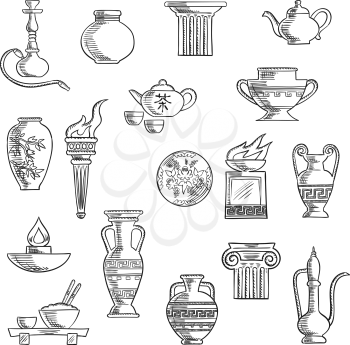 Containers and kitchenware icons in sketch style with ancient torch, stone fire bowls, amphora, copper and ceramic teapots, oil lamp, hookah pipe, tea services, vases, jug and plates