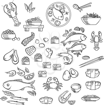Seafood and delicatessen sketched icons of sushi, caviar, crab, shrimp, lobsters, oysters, mussels, octopus, chopstick, salmon steak, grilled fishes and shrimp salad, fish soup, vegetables and herbs. 