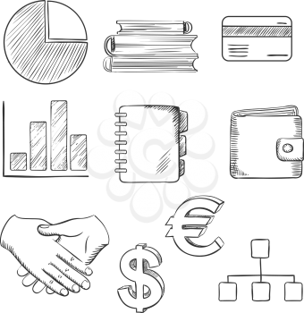 Sketched business icons with a pie and bar graph, dollar and euro currency symbols,bank credit card, purse, handshake, flow charts, notebook and books. Sketch style