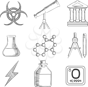 Science and chemistry sketches icons and symbols with telescope, flask and tuber, compasses, atom, ancient temple, radiation and power signs. Sketch style