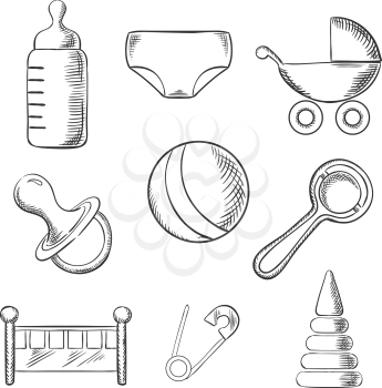 Baby and childhood sketched icons with a pram, ball, bottle, dummy or pacifier, crib, nappy, safety pin and toys. Sketch style illustration