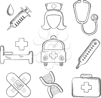 Sketched medical and healthcare icons with a syringe, nurse, stethoscope, bandages, DNA, ambulance, thermometer, first aid kit and hospital bed isolated on white. Sketch style