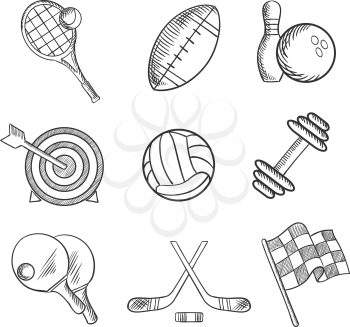 Sport icons with tennis, football, bowling, archery, hockey, motor racing, weight lifting, table tennis, rugby and volleyball items. Sketch style