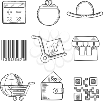 Set of shopping icons with a purse, wallet, calculator, bar code, trolleys, store, globe and digital code, isolated on white. Sketch style icons