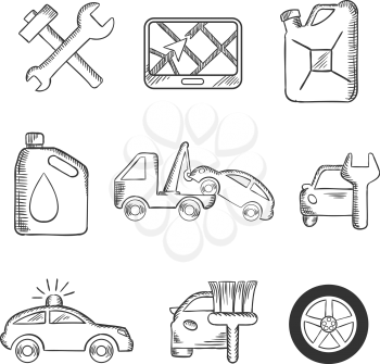 Car service sketch icons including tools, road sign, oil and petrol containers, tow truck, wheel, tyre, jerry can, police, car wash and garage