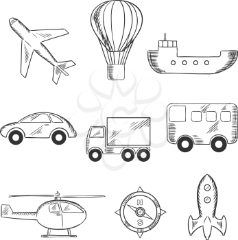 Travel and transport icons with airplane, hot air balloon, bus, truck, car, compass, helicopter, tanker and space ship