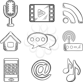 Telecommunication and multimedia  icons with microphone, wi-fi, web, film, video, tablet, network and music notes. Sketch style