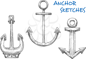 Isolated vintage marine anchors in sketch style. For adventure, sea journey theme or tattoo design usage.