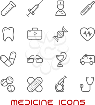 Medicine and health thin line icons set with silhouettes of hospital and pharmacy signs, nurse, ambulance, first aid box, pills, syringe, stethoscope, eyeglasses, cardiology, flask, heart ecg, tooth, 