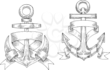 Sketched vintage marine anchors wrapped by wide ribbon. Nautical and marine heraldry design usage